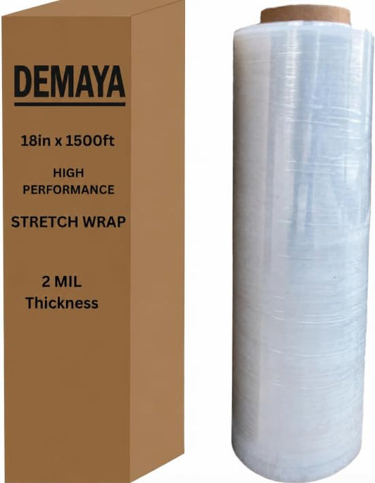 DEMAYA 18" x 1500 Feet 80 Gauge 20Micron, Industrial Clear Cast Stretch Wrap, Durable Adhering Plastic Pallet Wrap Film Roll (1 Pack)