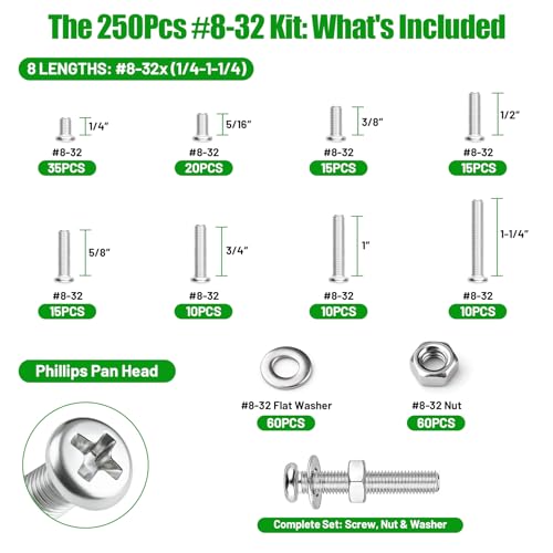 250 Pcs #8-32 Pan Head Machine Screws Nut Washer Bolt Kit,304 SS - size: SS 250Pcs #8-32（1/4" to 1-1/4" ） Pan
