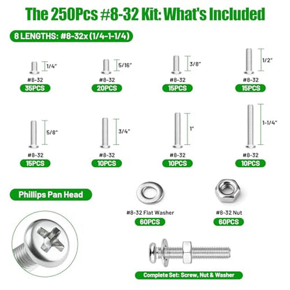250 Pcs #8-32 Pan Head Machine Screws Nut Washer Bolt Kit,304 SS - size: SS 250Pcs #8-32（1/4" to 1-1/4" ） Pan