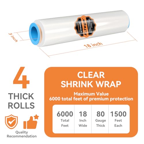 Stretch Film Shrink Wrap Roll for Moving 18" x 1500', 4 Rolls