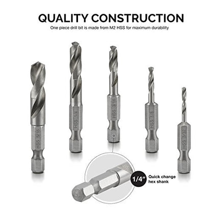 NEIKO 11402A Stubby Drill Bit Set for Metal, 5 Piece 1/4" Quick Change Hex Shank, M2 High Speed Steel for Quick Change, Chucks and Drives Drill Bit Holder Included, Hex Shank Drill Bit Set - size: 5 Piece, style: Stubby