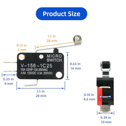 12 Pcs Micro Limit Switch with Hinge Roller Lever SPDT 1NO 1NC Microswitch V-156-1C25 - size: Hinge Roller Lever (V-156-1C25)
