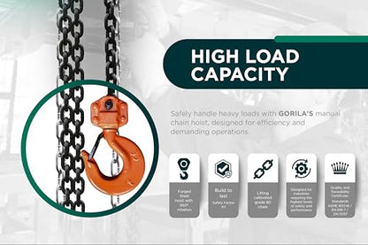 GORILA Hand Chain Hoist with 2 Heavy Duty Hooks and Forged Locks | 2200LBS - 10FT (1 Ton - 3 Meters) | Safety Factor 4:1 | Since 1989 - size: 2200lbs - 10ft / 1t - 3m