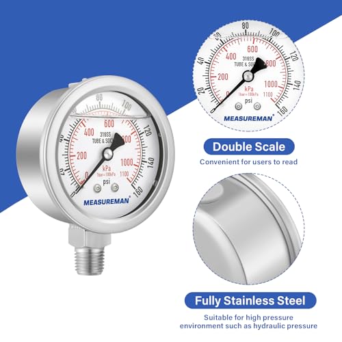 MEASUREMAN Fully Stainless Steel Hydraulic Glycerin Filled Pressure Gauge, 2-1/2" Dial Size,0-160psi/kpa,1/4" NPT Lower Mount - size: 0-160 psi, style: Lower Mount(100% Stainless Steel)
