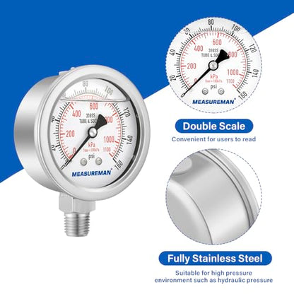 MEASUREMAN Fully Stainless Steel Hydraulic Glycerin Filled Pressure Gauge, 2-1/2" Dial Size,0-160psi/kpa,1/4" NPT Lower Mount - size: 0-160 psi, style: Lower Mount(100% Stainless Steel)