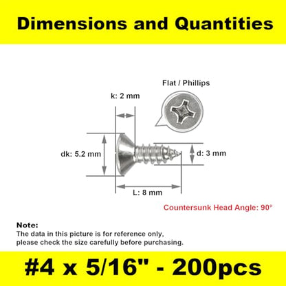 #4 x 5/16" (M3x8mm) 304 Stainless Steel Flat Head Wood Screws, 200pcs - size: #4 x 5/16''-200pcs