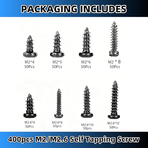 400pcs M2/M2.6 Self Tapping Screw,Small Screws Glasses Screws Truss Head Screwblack Cross Self Apping Screws Kitfor Glasses Frames Small Mechanical Equipment Electronic Instruments