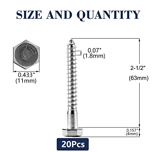 1/4" x 2-1/2" Hex Head Lag Screws Bolts 20Pcs 304 Stainless Steel 18-8, Partial Thread, Hexagon Head Wood Screws by SG TZH - size: 1/4-20 x 2-1/2"