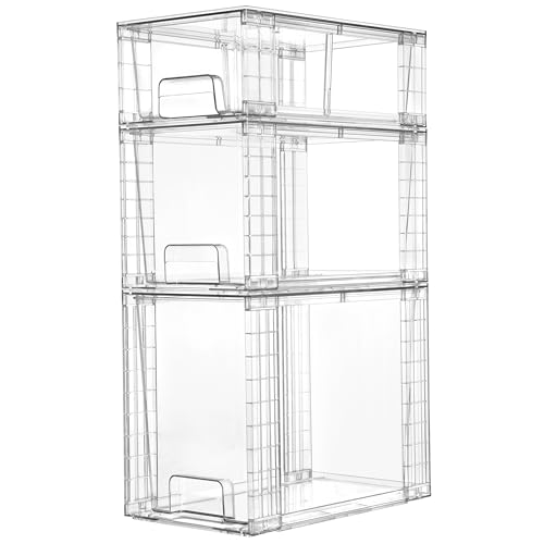 Vtopmart 3 Pack Clear Stackable Storage Drawers,Easy to Assemble Bathroom Organizers and Storage with handles,Plastic Drawers for Kitchen Pantry,Cabinet,Under Sink Organization - style: 1 Large+1 Medium+1 Small