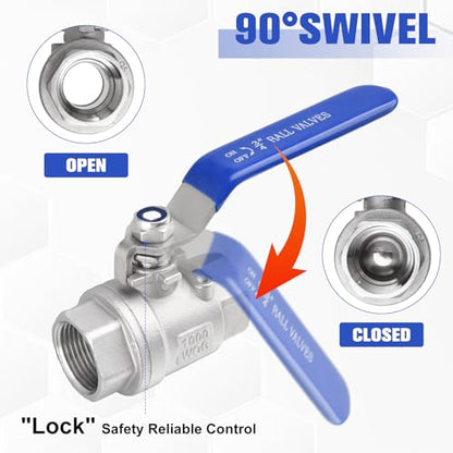 2 Pack Ball Valves 304 Stainless Steel 3/4 Inch NPT Female to Female Thread Full Port Ball Valve Pipe Connector with Lever Handle, Heavy Duty Shut Off Valve for Water, Oil, and Gas, 1000WOG - style: 3/4" Female x Female NPT-Long Handle