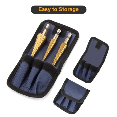 Step Drill Bit Set, 3PCS HSS Titanium Coated High Speed Steel Step Bits Covering 28 Sizes (1/8"-3/4") for Wood, Plastic, Sheet Metal with Portable Bag, Nice Gift for DIY Lovers - style: 3PCS Step Drill Bits Straight