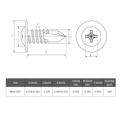 VGBUY 100Pcs #8 x 1-3/4" Self Drilling Screws for Metal,410 Stainless Steel Black Zinc Plated,Self Tapping Sheet Metal Screws,Modified Truss Head - color: Black Modified Truss Head, size: #8 x 1-3/4 inch