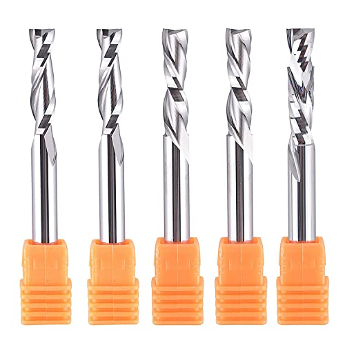SpeTool 5PCS CNC Router Bits 1/4 Inch Shank with 1 Inch Cutting Length 2 Inch OVL,Spiral Upcut Downcut Compression Router Bit Solid Carbide End Mills for Woodwoking