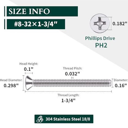 #8-32 x 1-3/4" Flat Countersunk Head Machine Screws, Phillips Drive, 304 Stainless Steel 18-8, Full Thread, Coarse Thread UNC, 50 PCS - size: #8-32 x 1-3/4"