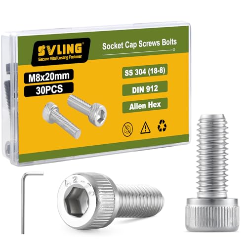 M8-1.25 x 20mm Bolt, 30PCS M8 Hex Socket Head Cap Screws Bolts, 304 Stainless Steel 18-8, Full Threads, Allen Socket Drive, with Hex Spanner - size: M8x20mm
