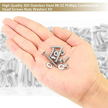 202 Pieces #8-32x 1/4", 5/16", 3/8", 1/2", 5/8", 3/4", 1", 1-1/4", Phillips Countersunk Head Machine Screws Nuts Washers Assortment Kit, 304 Stainless Steel, Fully Machine Thread - size: #8-32