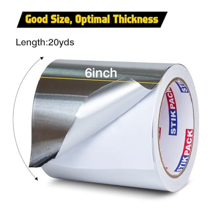 Aluminum Foil Tape 6 inch x 60ft (20 Yards) Heavy Duty HVAC Duct Tape for Ductwork – High Temperature Silver Foil Tape for Insulation, Metal Repair, Exhaust Sealing & Patching - size: 6 Inches x 20 Yards