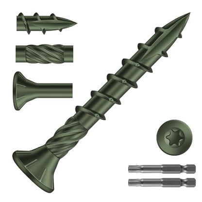 #8 x 1-1/4" Deck Screws (398Pcs) 2lb. Carbon Steel, Green, Flat Head, Rust Resistant epoxy Coated, with T25 Star Bit - color: Green, size: #8 x 1-1/4"