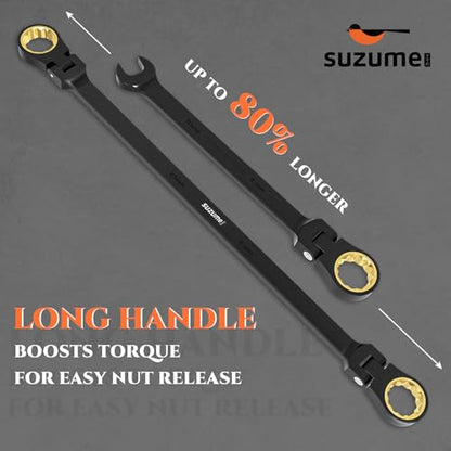 SUZUME Extra Long Flex Head Ratcheting Wrench 16-18mm Metric Double Box End 180° Flexible Head 72-Tooth 15K Gear Tested CR-V Steel Black Chrome Finish For Engine Heavy Equipment Repair & DIY - size: 16-18mm