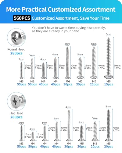 560Pcs 304 Stainless Steel Self Tapping Screws Assortment Set, M3/M4/M5/M6 Flat Head & Round Head Self Tapping Screws Assortment Set, Phillips Drive Wood Screw Assortment Kit (Silver) - color: Silver
