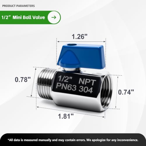 3 Pack 1/2" Mini Ball Valve, 304 Stainless Steel FNPT x MNPT Shut Off Valve - size: 0.5 Inch