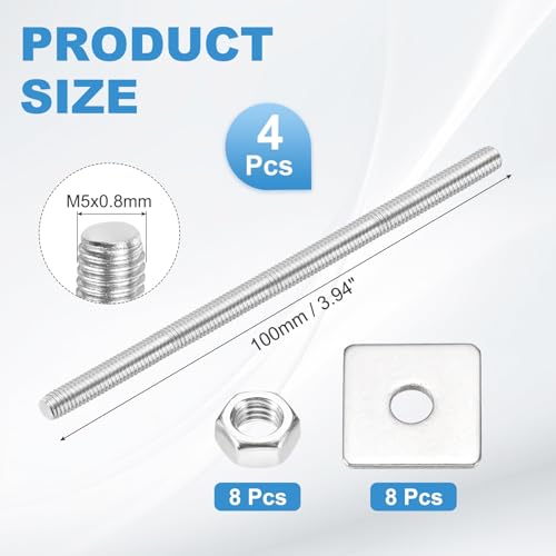 MECCANIXITY 4Set M5x100mm Fully Threaded Rod Threaded Rods Bar Studs - size: M5x100mm