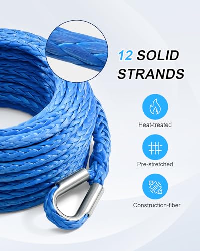 Kolvoii Synthetic Winch Rope Extension, 3/8 in x 50 ft, 26,500 lb, Blue - color: blue, size: 3/8 Inch x 50 Feet