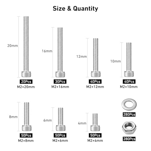 VGBUY 840pcs M2 Screw Assortment Kit,M2 x 4/6/8/10/12/16/20mm Hex Socket Head Cap Screws Bolts Nuts Washer Kit,304 Stainless Steel Machine Screws Suitable for 3D Printer DIY - size: M2x4/6/8/10/12/16/20mm, style: Socket Head