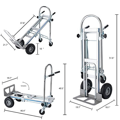 LEADALLWAY 3-in-1 Aluminum Convertible Hand Truck, Heavy Duty Folding Dolly Cart Pneumatic & Solid Wheels for Moving, Warehouse, Delivery, Home Use,770lbs Capacity