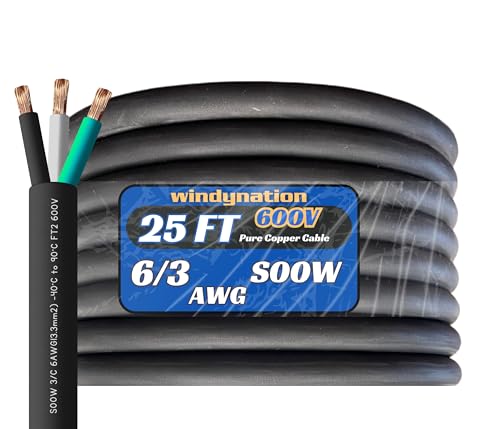 25 Feet 6/3 SOOW Cable Cord 6 AWG 3 Conductor SO Wire - 6 Gauge 3 Conductor (6/3 Wire) 600V Portable Power Extension Cable for EV Chargers, Motor Leads, Portable Lights, Battery Chargers, Welding - size: 25 Ft.
