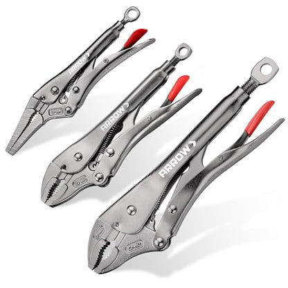 ARROW 3PCS Locking Pliers Set with Long Nose and Curved Jaw - size: 6.5&7&10inch