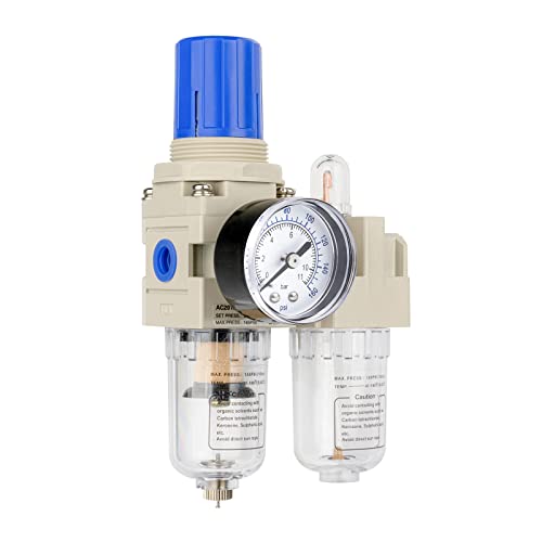 BLCH 1/4" NPT Air Compressor Water Separator - Air Pressure Regulator Compressed Air Filter Regulator Lubricator Combo AC2010-02 Manual Drain Poly Bowl Gauge 0-160 PSI 5μm Brass - size: AC2010-02