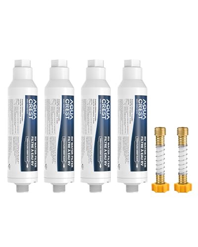 AQUA CREST RV Inline Water Filter, Garden Hose & Camper Water Filter - style: 4-Pack Filters with 2 Hose Protectors