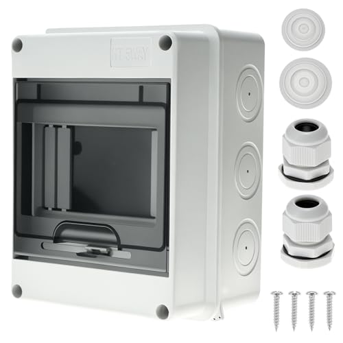 QWORK 5 Way IP65 Waterproof Circuit Breaker Distribution Box, PC+ABS Electrical Enclosure with DIN Rail, Wall Mounted Power Protection Box for Indoor & Outdoor Use, 6.3x3.6x4.7 inches
