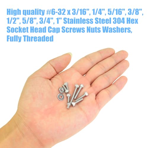 DYWISHKEY 256 Pieces #6-32 x 3/16", 1/4", 5/16", 3/8", 1/2", 5/8", 3/4", 1" Hex Socket Head Cap Screws Nuts Washers Assortment Kit, 6-32 Screw Kit, 304 Stainless Steel - size: #6-32, style: Socket Head