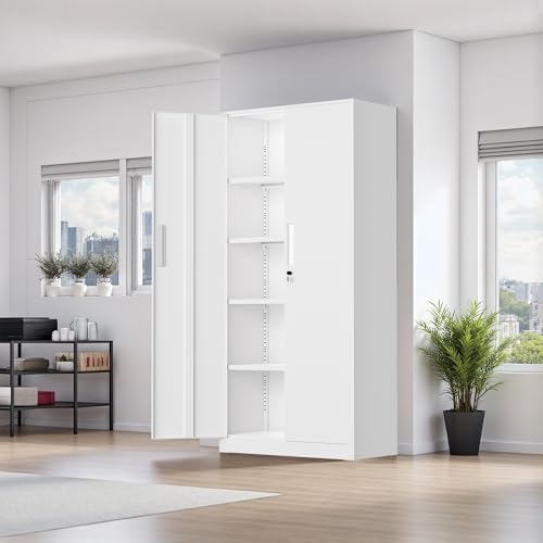 Oakmont Metal Storage Cabinet for Tool Organization, 72" Lockable Garage Storage Cabinets with 2 Doors and 4 Adjustable Shelves, Locking File Cabinet for Office, Home, School (72“ Standard-White) - color: White, size: 72" H x 32" W x 16" D