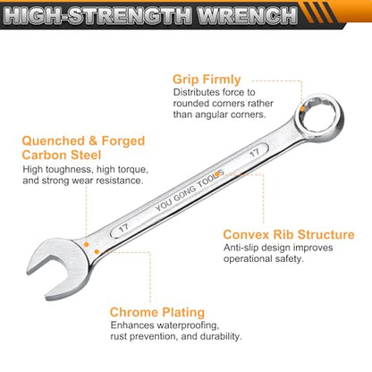 HARFINGTON Metric Combination Wrench, 17mm Open End & 15-Degree Offset - size: 17mm