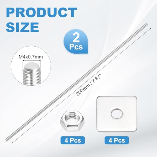 MECCANIXITY 2Set M4x200mm Fully Threaded Rod Threaded Rods Bar Studs - size: M4x200mm