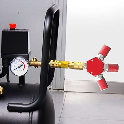 GASHER Red 3-Way 1/4 Inch NPT Aluminum Hex Style Air Manifold with 3 Pieces Steel Industrial Coupler and Plug, Air Compressor Hose Accessories Quick Connect Fittings Air Splitter - style: RED 1PCS
