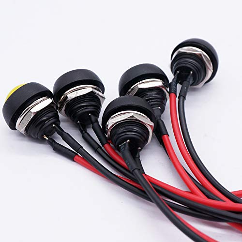 Twidec/10Pcs 12mm Momentary Push Button Switch 1/2" Mounting Hole On Off Mini Round Waterproof 5 Color with Pre-soldered Wires PBS-33B-5C-X-2 - color: multicoloured-12mm, size: Momentary