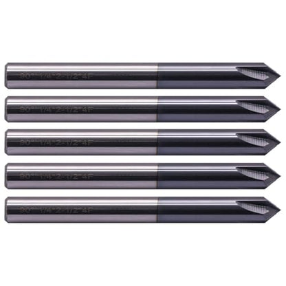 5Pcs 1/4" 4 Flute 90° Solid Carbide Chamfer End Mills - AlTiN Coated