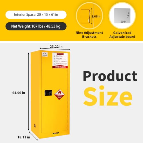Flammable Storage Cabinet 65"H x 23"D x 18"W, Yellow Galvanized Steel Safety Cabinet, Adjustable Shelf Fireproof Cabinet with 3-Point Key Lock, for Commercial Industrial and Home Use - size: 65”H × 23“D × 18”W