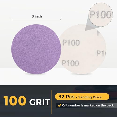 HARFINGTON 32 Pcs 3 Inch Sanding Disc 100 Grit Purple Aluminum Oxide - size: 3 Inch(100 Grit)