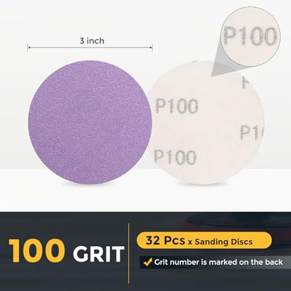 HARFINGTON 32 Pcs 3 Inch Sanding Disc 100 Grit Purple Aluminum Oxide - size: 3 Inch(100 Grit)