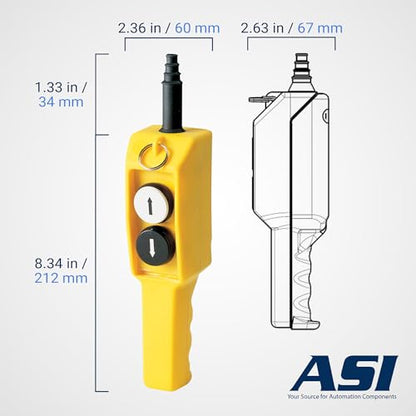 ASI P02.1 2-Button Ergonomic Grip Pendant Station, 600 Volt Maximum Operating Voltage, 1NO/1NC Contact, Up-Down Arrows, Waterproof, Shock-Proof