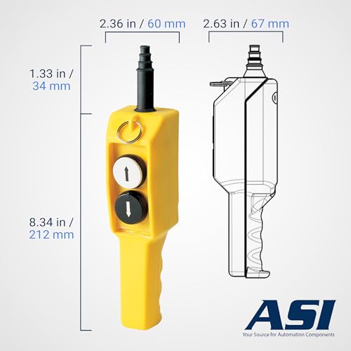 ASI P02.1 2-Button Ergonomic Grip Pendant Station, 600 Volt Maximum Operating Voltage, 1NO/1NC Contact, Up-Down Arrows, Waterproof, Shock-Proof