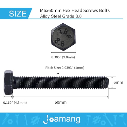 M6 x 60mm 10Pcs Hex Head Screws Bolts, M6 x 1.0 Bolt, 8.8 Grade Alloy Steel, Hexagon Head Screws, Black Oxide Finish, Metric Full Machine Thread - size: M6 x 60 mm(10PCS)