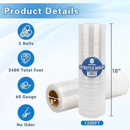 NEXCOVER 18 Inch Stretch Wrap - 1200 Feet | 60 Gauge, 2 Roll Clear Plastic Self-adhering Stretch Wrap Film for Pallet Wrap, Thick and Durable Packing Moving Supplies Heavy Duty Shrink Film. - size: 18'' x 1200'