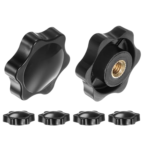 6pcs Star Knobs M6 Female Thread 38mm 6-Point Plastic Head Brass Insert Non-Through Hole Screw-in Threaded Hand Knob Clamping Handle, Black