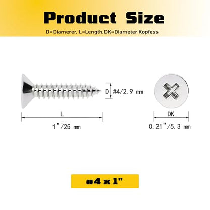 #4 x 1 inch Flat Head Wood Screws, 304 Stainless Steel Phillips Drywall Screws and Tapping Screws, High Hardness Screws for Drywall, Sheetrock, Wood (100 pcs) - size: #4 x 1"
